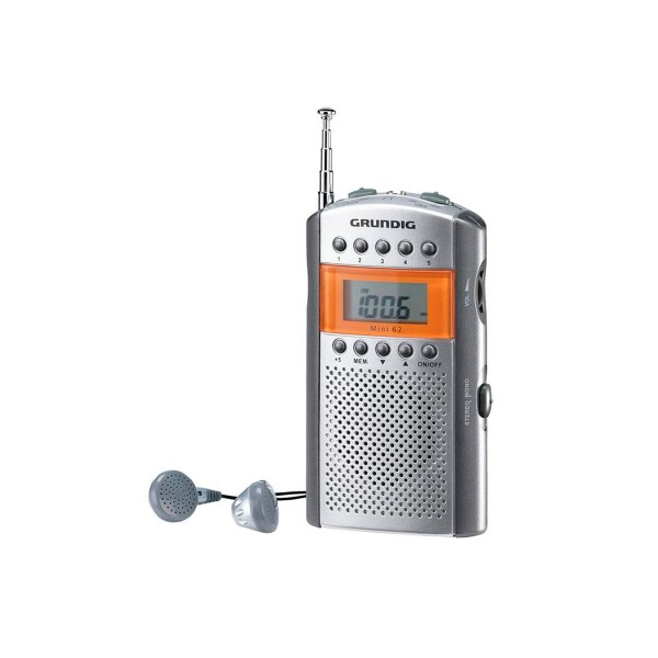 Grundig mini 62 naranja/plata radio fm digital portátil con altavoz y auriculares